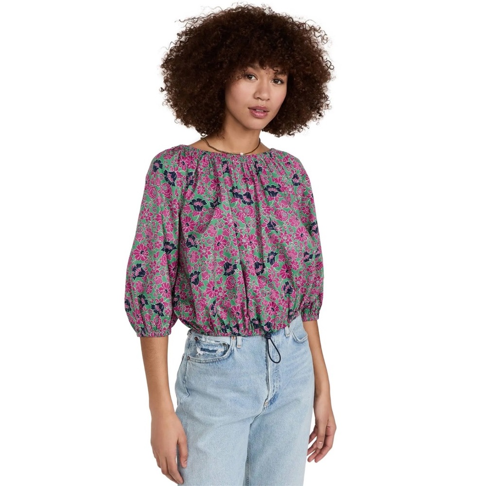 Sundry Pink Floral Peasant Blouse with Navy Accents